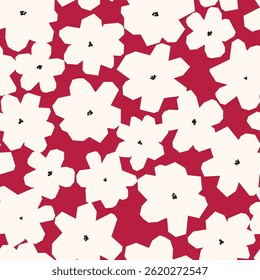 Fabric and surface pattern design with hand drawn bold simple flowers. Decorative floral background. Cutout style vector seamless pattern. Nostalgic vintage groovy allover print.
