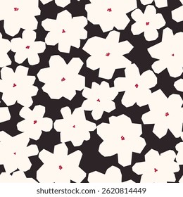 Fabric and surface pattern design with hand drawn bold simple flowers. Decorative floral background. Cutout style vector seamless pattern. Nostalgic vintage groovy allover print.