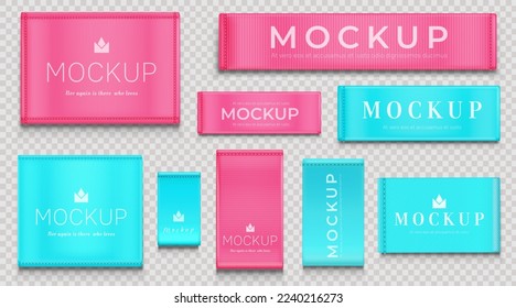 Fabric tags for textile isolated on transparent background. Vector realistic mockup of blue and pink cloth labels with stitches, cotton ribbon badge different shapes, woven fashion sticker