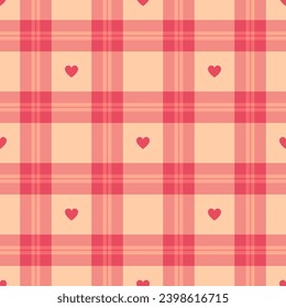 Fabric tartan background of check seamless texture with heart and pattern plaid textile vector in red and orange colors.