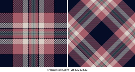 Fabric tartan pattern of check textile seamless with a texture vector plaid background. Set in fashionable colors for custom geometry in multicolored fashion.