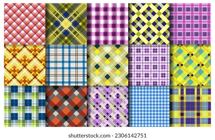 Fabric tartan pattern. Fabric checkered textile seamless square background recent vector set