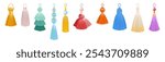 Fabric tassels. Fashion thread brushes, decorative clothes, accessories elements, color hanging trinket, handbag or jewelry, window curtain decoration. Garment fringe embellishment vector set