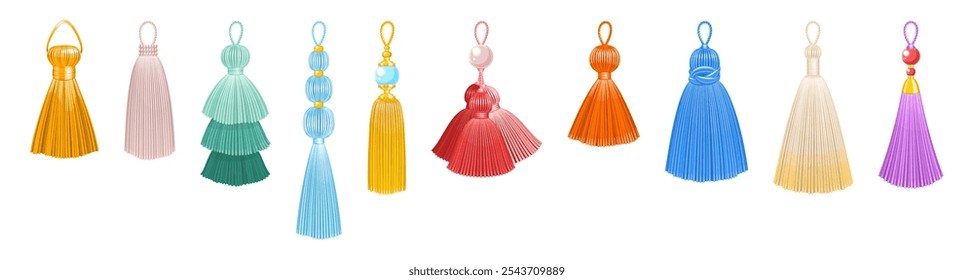 Fabric tassels. Fashion thread brushes, decorative clothes, accessories elements, color hanging trinket, handbag or jewelry, window curtain decoration. Garment fringe embellishment vector set