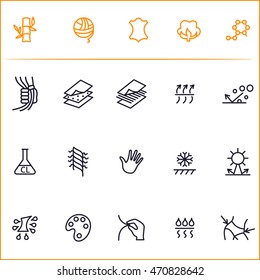 Fabric technology, properties vector icon set. Textile materials: bamboo, wool, leather, cotton, synthetics. Thine line icons. Memory foam icon, quick drying icon, sand  resistance icon, quick drying.