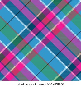 Fabric textile blue pink green check plaid seamless pattern. Vector illustration.