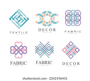 Fabric and Textile Decor Abstract Logo Design with Embroidery Ornament Vector Set