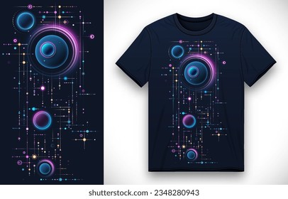 Fabric textile design with abstract minimalistic geometric cyberspace composition for t-shirt prints. Front t-shirt mockup template design. Vector illustration