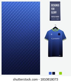 Fabric textile design. Blue gradient geometry shape pattern for soccer jersey, football kit, bicycle, e-sport, basketball or sports uniform. T-shirt mockup template. Blue abstract background. Vector