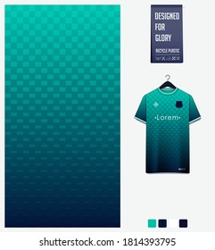 Fabric textile design. Green gradient geometry shape pattern for soccer jersey, football kit, bicycle, e-sport, basketball, sports uniform. T-shirt mockup template. Abstract background. Vector.