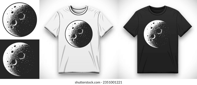 Fabric textile design with moon and craters in pen stroke style drawing. Black and white t-shirt mockup template design with moon in hand drawn engrave style. Vector illustration