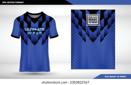 Fabric textile design for Sport t-shirt, Soccer jersey mockup for football club. uniform front view geometry blue dark blue 