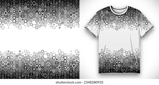 Fabric textile design for sport t-shirt with hexagonal abstract seamless geometric pattern. Front t-shirt mockup template design with faded linear hexagons. Vector Illustration