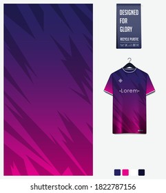 Fabric textile design. Thunder pattern on violet gradient background for soccer jersey, football kit, bicycle, e-sport, basketball, sports uniform. T-shirt mockup template. Abstract sport background. 