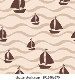 Fabric textile endless print template. vector illustration. texture background. a ship on the waves. coffee vintage color. seamless pattern. 
