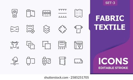 Fabric Textile icons set. Includes thin line satin, mohair, material, alpaca, clothing, natural fiber, corduroy. Minimalist icon design. Editable vector stroke.