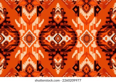 Fabric textile Ikat geometric folklore ornament seamless pattern orange tone. Abstract graphic line ethnic traditional folk antique tribal modern ornate luxury elegant minimal vintage retro style.