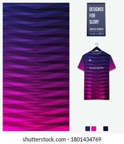 Fabric textile pattern design for soccer jersey, football kit, racing, e-sport, sport uniform. Violet gradient geometry shape.T-shirt mockup template design. Abstract background. Vector Illustration.