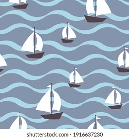 Fabric textile print template. vector illustration. texture backgraound. a ship on the waves. 