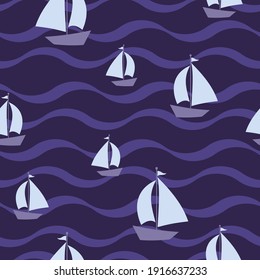 Fabric textile print template. vector illustration. texture backgraound. a ship on the waves. 
