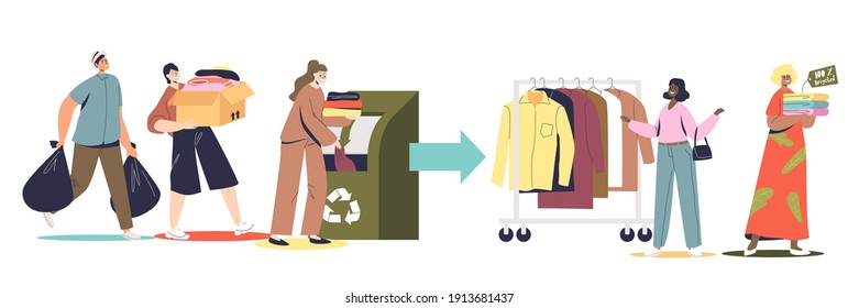 Fabric and textile recycling set with people donating used clothes for recycle and eco friendly fashion. Cartoon characters throwing clothing in recycling container. Flat vector illustration