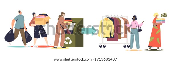 Fabric and textile recycling set with people\
donating used clothes for recycle and eco friendly fashion. Cartoon\
characters throwing clothing in recycling container. Flat vector\
illustration