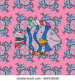 Fabric textile seamless pattern with sea fishes Vector illustration. On colored background with flowers.