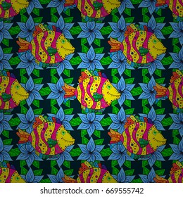 Fabric textile seamless pattern with sea fishes Vector illustration. On colored background with flowers.