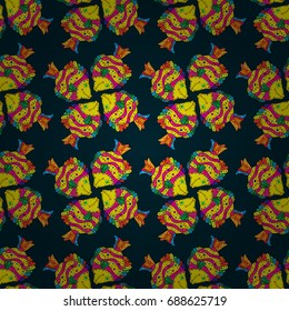 Fabric textile seamless pattern with sea fishes Vector illustration. On dark blue background with flowers.