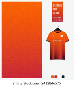 Fabric textile for sport t-shirt, soccer jersey, football kit mockup for football club. Uniform front view. Geometric pattern on orange background. Fabric pattern. Vector Illustration