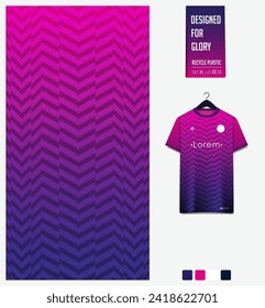 Fabric textile for sport t-shirt, soccer jersey, football kit mockup for football club. Uniform front view. Geometric pattern on violet background. Fabric pattern. Vector Illustration