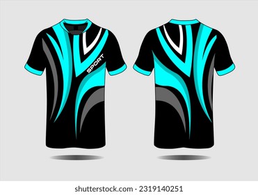 Fabric textile for Sports t-shirt, Soccer jersey mockup for soccer club. front and rear view of black and blue base color