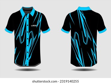 Fabric textile for Sports t-shirt, Soccer jersey mockup for soccer club. front and rear view of black and blue base color