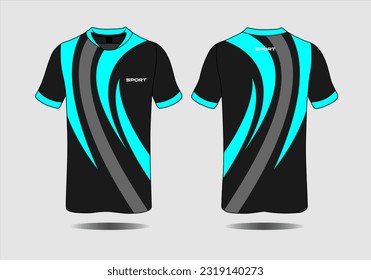 Fabric textile for Sports t-shirt, Soccer jersey mockup for soccer club. front and rear view of black and blue base color