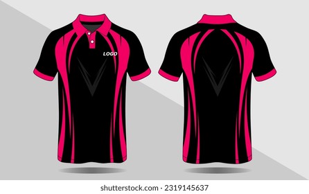 Fabric textile for Sports t-shirt, Soccer jersey mockup for soccer club. looks front and rear basic colors black and pink