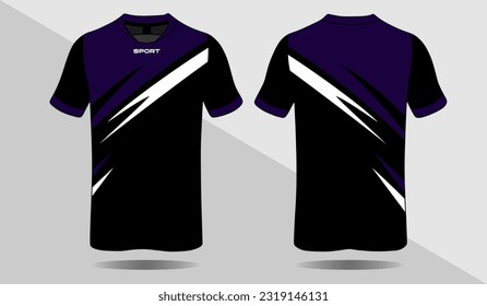 Fabric textile for Sports t-shirt, Soccer jersey mockup for soccer club. looks front and rear basic black and purple