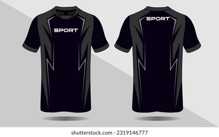 Fabric textile for Sports t-shirt, Soccer jersey mockup for soccer club. looks front and rear basic black and gray