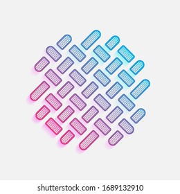 Fabric textile, weaved texture. Technology logo with diagonal lines and colored gradient. Neon graphic, light effect. Blue and red colors