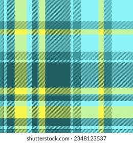 Fondo textil de textura de tela de tela de corte de plaid con un tartán de patrón vectorial sin fisuras en colores cian y amarillo.