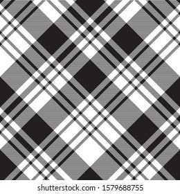 Fabric texture diagonal black white plaid seamless pattern. Vector illustration.