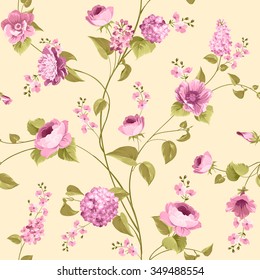 Fabric texture pattern with seamless flowers. The floral seamless pattern over light background. Flower pattern of violet hydrangea flowers over yellow background. Lilac flowers. Vector illustration.