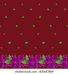 Fabric texture pattern with seamless flowers. The floral seamless pattern over dark background. Flower pattern of purple hydrangea flowers over background marsala. Lilac flowers. Vector illustration.