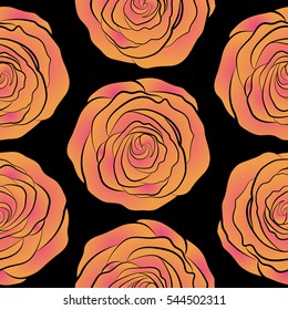 Fabric texture pattern with seamless rose flowers. The floral seamless pattern in orange and pink colors over black background. Flower pattern of multicolored rose flowers. Vector illustration.