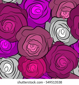 Fabric texture pattern with seamless rose flowers. The floral seamless pattern of multicolored rose flowers. Vector illustration.