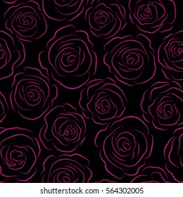 Fabric texture pattern with seamless rose flowers silhouette. The floral seamless pattern in magenta colors over black background. Flower pattern of monochrome rose flowers. Vector illustration.