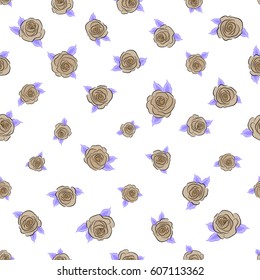 Fabric texture pattern with seamless rose flowers. Flower pattern of multicolored rose flowers. Vector illustration. The floral seamless pattern in beige and violet colors over white background.