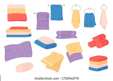 Fabric towels set. Cloth towel for bath, hygiene. Bathroom textile cartoon vector illustration