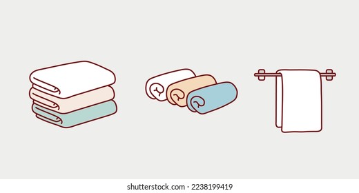 Fabric towels set. Cloth towel for bath, hygiene. Hand drawn style vector design illustrations.