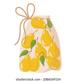 Fabric transparent reusable eco bag for weighing food, vegetables and fruits without using plastic bag with pear. Caring for the environment concept