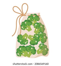 Fabric transparent reusable eco bag for weighing food, vegetables and fruits without using plastic bag with broccoli. Caring for the environment concept